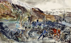 Paikalliset hiilikärryt ja troolarit, Seydisfjordur, Islanti (akvarelli paperille)