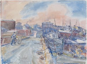 Reykjavik Main Quaysta, Frosty Morning, Islanti, n. 1930 (akvarelli ja kynä paperille)