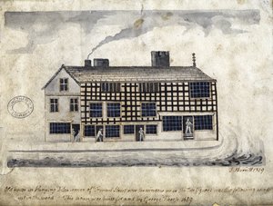 Old House on Hanging Ditch, Manchester, 1819 (kynä ja muste ja pese paperille)