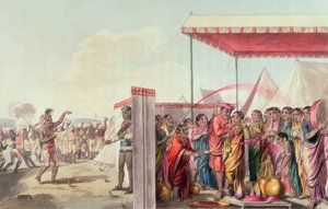 Playing the Hohlee, elokuvasta "A Mahratta Camp", 5. huhtikuuta 1813 (värikaiverrus)