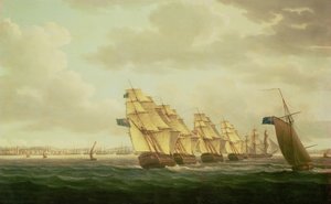 Nelson "Theseuksella" Inshore-lentueen kanssa Cadizin edustalla, heinäkuussa 1797, tekijältä Thomas Buttersworth