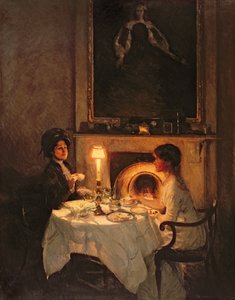 Soittaja, kynttilänvalo ja tee (öljy kankaalle)