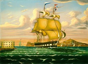 Pakettilaiva ohittaa Castle Williamsin, New Yorkin satama tekijältä Thomas Chambers