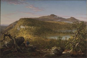 Näkymä kahdelle järvelle ja Mountain Houselle, Catskillvuoret, aamu tekijältä Thomas Cole