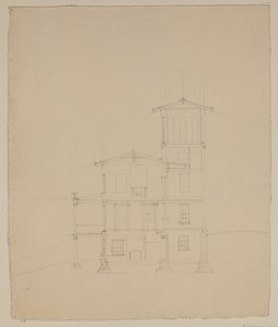 Piirustus ehdotetusta huvilasta Catskillissa, n. 1801-48 (grafiittikynä luonnonvalkoiselle kudottupaperille) tekijältä Thomas Cole