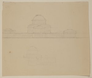 Ohion osavaltiotalon julkisivu, n.1838 (grafiittikynä beigelle paperiarkille) tekijältä Thomas Cole