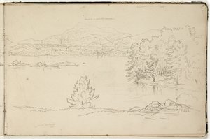 Hoosick tai Saddle Mountain ja järvi Pittsfieldin lähellä, n.1832 (grafiittikynä luonnonvalkoiselle paperiarkille) (katso myös 3525969) tekijältä Thomas Cole