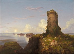 Italian rannikkokohtaus raunioituneella tornilla tekijältä Thomas Cole