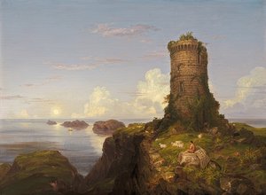 Italian rannikko ja raunioitunut torni. 1838 tekijältä Thomas Cole