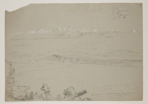 Yverdon- tai Neuchatel-järvi Chaumont-kukkulalta, Sveitsi, 1841 (lyijykynä ja guassikorostettu gouassilla paperille). tekijältä Thomas Cole