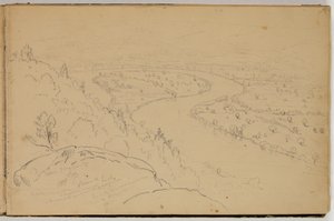 Panorama Oxbowista Connecticut-joella nähtynä Mount Holyokesta, n. 1832 (kynä paperille) tekijältä Thomas Cole