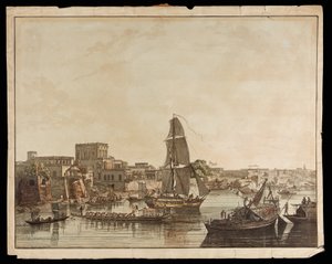 Kalkutta Hoogly-joelta: Gentoon rakennuksia Kalkutan näkymistä, 1788 tekijältä Thomas Daniell