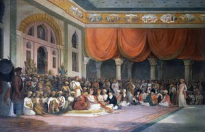 Charles Warre Malet teki sopimuksen Maratha-valtakunnan Peshwan kanssa vuonna 1790 Durbarissa tekijältä Thomas Daniell