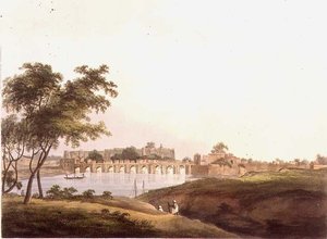 Silta Juonporessa, Bengalissa, kaiverrus H. Merke (fl.1800-20) pub. kirjoittanut Edward Orme (1774-n. 1820) 1804 (litho) tekijältä Thomas Daniell