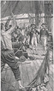 Hoisting the Famous Signal, kuvitus julkaisusta "British Battles on Land and Sea", julkaisija Cassell, Lontoo, n. 1910