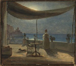 Terassi Amalfissa Moonlightissa, n. 1834 (öljy paperille asennettuna levylle) tekijältä Thomas Fearnley