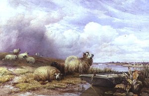 Maisema lampaineen ja veneineen tekijältä Thomas Francis Wainewright
