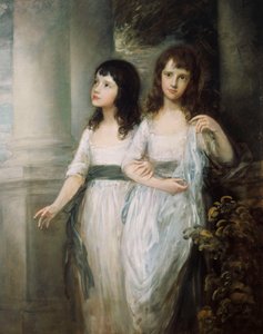Ryhmämuotokuva neiti Sloperistä, jotka molemmat seisovat melkein koko pituudeltaan valkoisissa mekoissa, joissa on sininen vyö, tekijältä Thomas Gainsborough