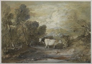 Kolmen lehmän paimenmies ylämaan altaan äärellä, 1780-luvun puoliväli. tekijältä Thomas Gainsborough