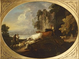 Jokimaisema maalaismaisten ystävien kanssa, ratsupaimen, joka ajaa karjaa ja lampaita sillan yli, jonka takana on raunioitunut linna tekijältä Thomas Gainsborough