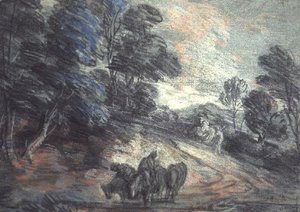 Metsäinen maisema, jossa hevoset juovat (pastelli) tekijältä Thomas Gainsborough