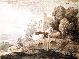 Silta, jonka yli kulkee karja (piirustus) tekijältä Thomas Gainsborough