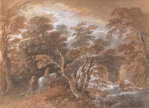 Mäkinen maisema, jossa hahmot lähestyvät siltaa tekijältä Thomas Gainsborough