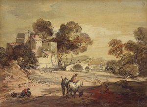Italialainen maisema matkustajien kanssa mutkaisella tiellä, 1775-1779 tekijältä Thomas Gainsborough