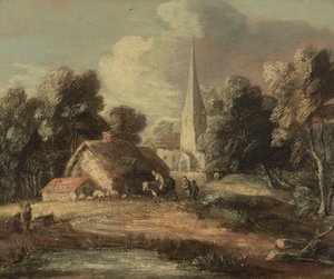 Maisema mökillä ja kirkolla tekijältä Thomas Gainsborough