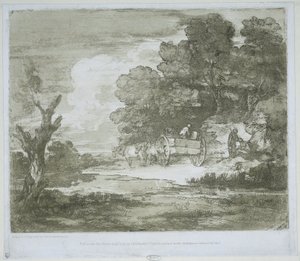 Maisema, jossa hevosten vetämä vaunu ranta- ja metsäreunaa pitkin tekijältä Thomas Gainsborough