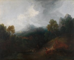 Vuoristolaakso hahmoineen ja kaukainen kylä tekijältä Thomas Gainsborough