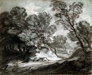 Nro 0975 Metsäinen maisema kaukaisella vuorella (liitu sinisellä paperilla) tekijältä Thomas Gainsborough