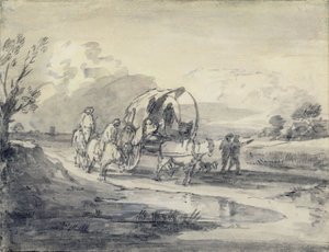 Avoin maisema, jossa paimen ja katettu kärry, n. 1780-85 (harmaa ja musta pesu ja liitu asetettu paperille) tekijältä Thomas Gainsborough