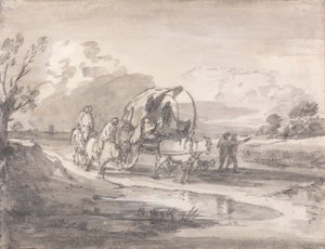 Avoin maisema ratsumiehillä ja katetulla kärryllä tekijältä Thomas Gainsborough