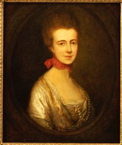 Muotokuva neiti Boonesta, yllään valkoinen mekko kultakirjonta ja helmiketju, punainen nauha kaulassa tekijältä Thomas Gainsborough