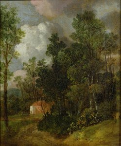 Metsäinen maisema maalaistalolla ja kahdella hahmolla, n. 1752 (öljy kankaalle asetettu kankaalle) tekijältä Thomas Gainsborough