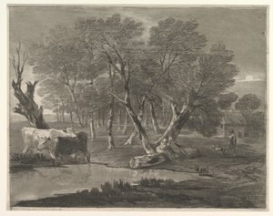 Metsäinen maisema, jossa lehmiä uima-altaan vieressä, hahmoja ja mökki, 1775-80. tekijältä Thomas Gainsborough