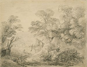 Metsäinen maisema aasilla ja hahmoilla, n. 1759 (grafiitti paperille) tekijältä Thomas Gainsborough