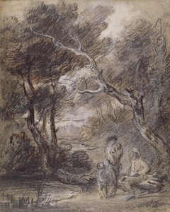 Metsäinen maisema hahmoineen, n. 1788 (liitu, pesu ja guassi paperille) tekijältä Thomas Gainsborough