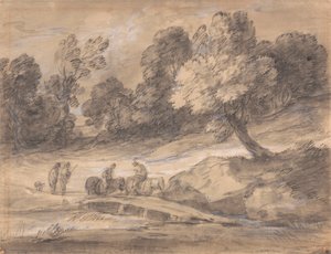 Metsäinen maisema, jossa hahmoja hevosella ylittämässä siltaa tekijältä Thomas Gainsborough