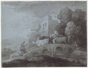 Metsäinen maisema, jossa paimen ajaa karjaa (etsaus paperille) tekijältä Thomas Gainsborough