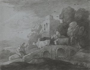 Metsäinen maisema, jossa paimen ajaa karjaa sillan yli, maalaismaisia rakastajia ja raunioitunut linna tekijältä Thomas Gainsborough