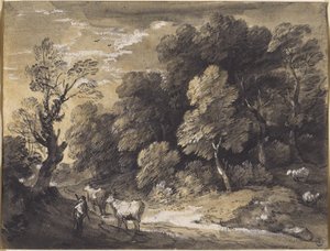 Metsäinen maisema, jossa paimen ja karja, n. 1775-1780 (musta liitu ja harmaa-mustat pesut, korostettu valkoisella guassilla levitetylle paperille) tekijältä Thomas Gainsborough