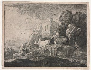 Metsäinen maisema, jossa paimenet ajavat karjaa, 1779-1780. tekijältä Thomas Gainsborough