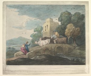 Metsäinen maisema, jossa paimenet ajavat karjaa sillan yli, maalaismaisia rakastajia ja rauniolinna, 1797. tekijältä Thomas Gainsborough