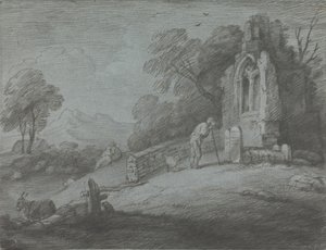 Metsäinen maisema, jossa on talonpoikien lukuhautakivi, maalaismaisia rakastajia ja rauniokirkko tekijältä Thomas Gainsborough