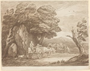 Metsäinen maisema, jossa on kaksi maakärryä ja hahmoja tekijältä Thomas Gainsborough