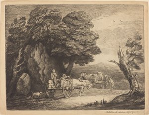 Metsäinen maisema, jossa on kaksi maakärryä ja hahmoja tekijältä Thomas Gainsborough