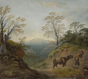 Metsäinen maisema, jossa poika johtaa aasia ja koiraa, ja laaja panoraama rakennuksilla ja kaukaisilla kukkuloilla, 1760-luvun alku tekijältä Thomas Gainsborough