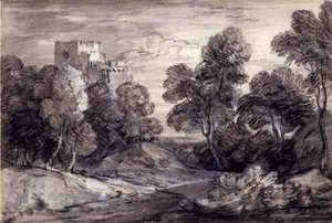 Metsäinen maisema linnalla (liitu ja hiili paperilla) tekijältä Thomas Gainsborough